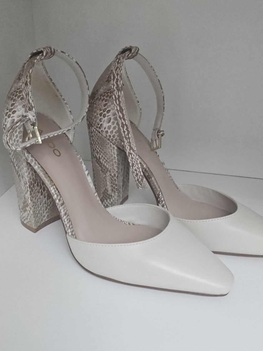 Aldo Cream Pointed-Toe Pumps with Snake-Print Block Heel